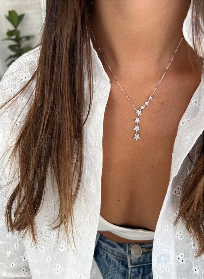 Kyerlyn Silver Crystal Star Necklace for Women, Star CZ Charm Statement Y-Necklace Silver Dainty Shining Necklace Exquisite Choker Necklace for Women Adjustable Jewelry Gifts - Image 3